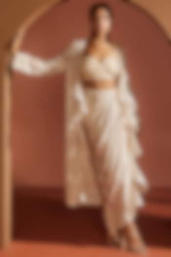 Ivory Chiffon Pleated Draped Skirt Set by Saanjh by Lea