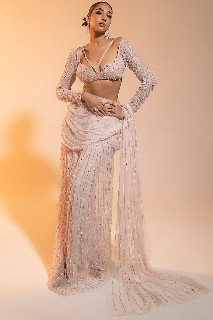 Baby Pink Soft Mesh Satin Hand Embroidered Pre-Draped Saree Set by Saanjh by Lea
