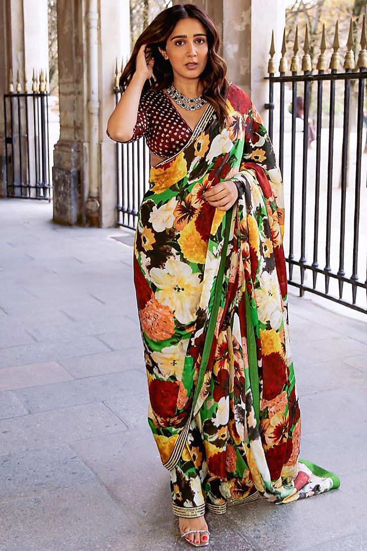Multi-Coloured Hand Embroidered Saree Set by Prints By Radhika