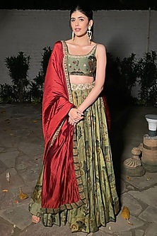 Deep Yellowish-Green Embroidered & Printed Lehenga Set by Punit Balana-PUNIT BALANA