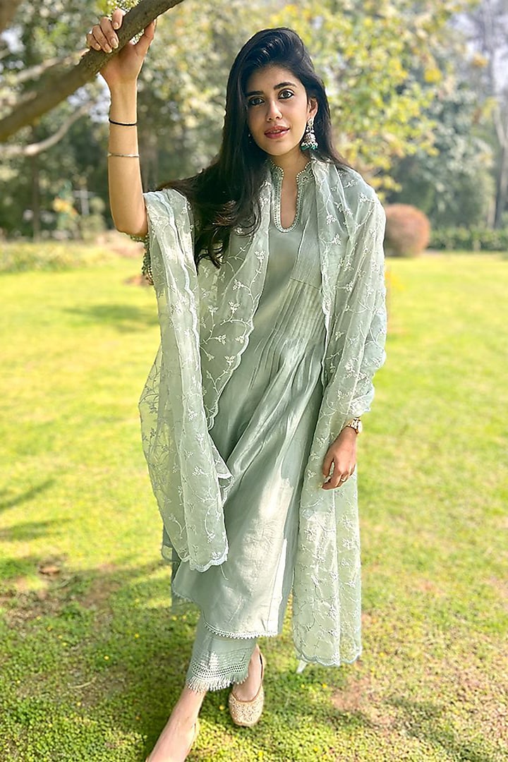 Sea Green Silk Chanderi Kurta Set by Sureena Chowdhri