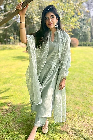 Sea Green Silk Chanderi Kurta Set by Sureena Chowdhri