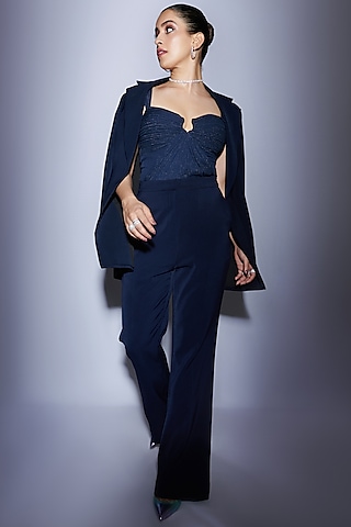 Navy Blue Taffeta Silk Co-Ord Set by Tisharth by Shivani