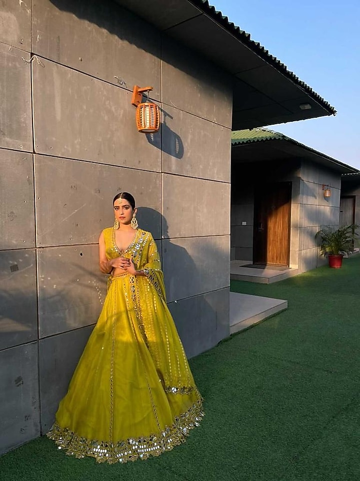 Yellow Organza Mirror Embellished Kalidar Wedding Lehenga Set by Vvani by Vani Vats at Pernia's Pop Up Shop