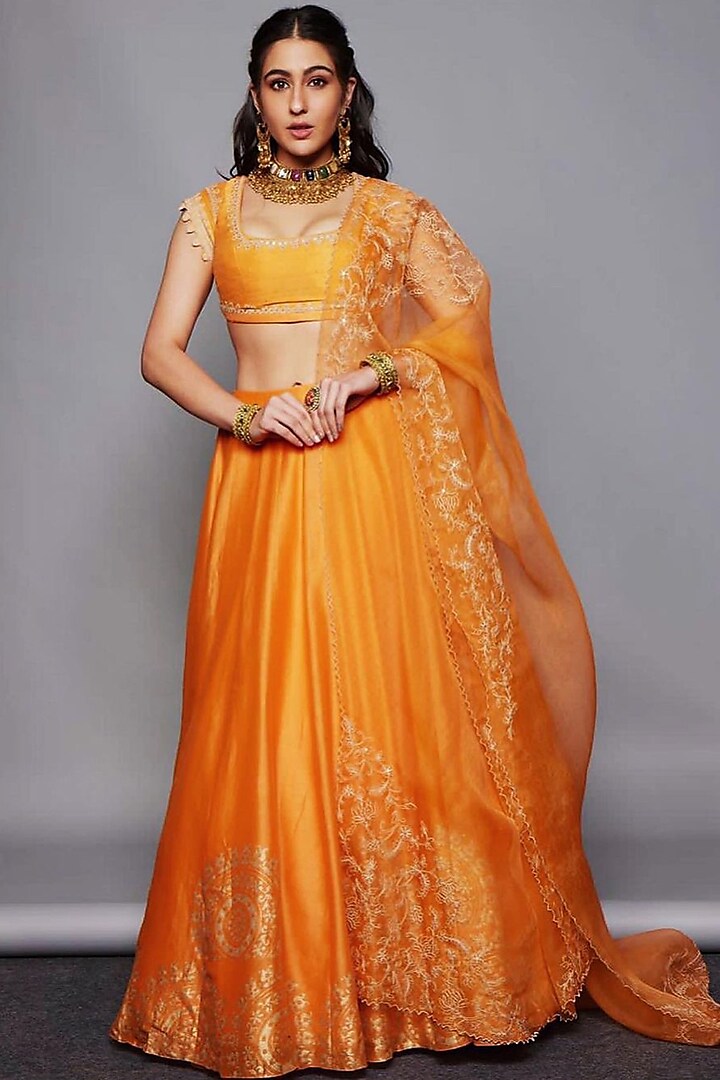 Orange Hand -Block Printed Lehenga Set by Devnaagri