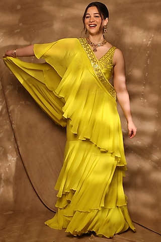 Mint Green Chiffon Saree Set by GOPI VAID