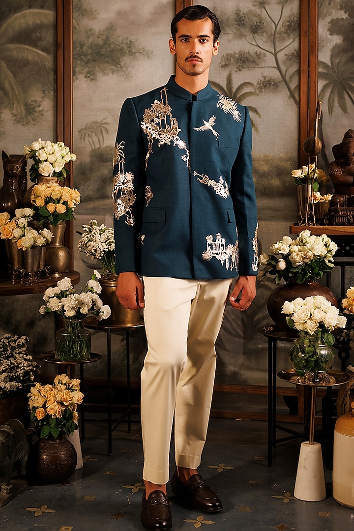 Teal Silk Foil Applique Embroidered Groom Bandhgala by Sahil Kochhar Men at Pernia's Pop Up Shop