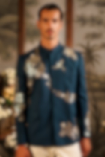 Teal Silk Foil Applique Embroidered Wedding Bandhgala by Sahil Kochhar Men at Pernia's Pop Up Shop