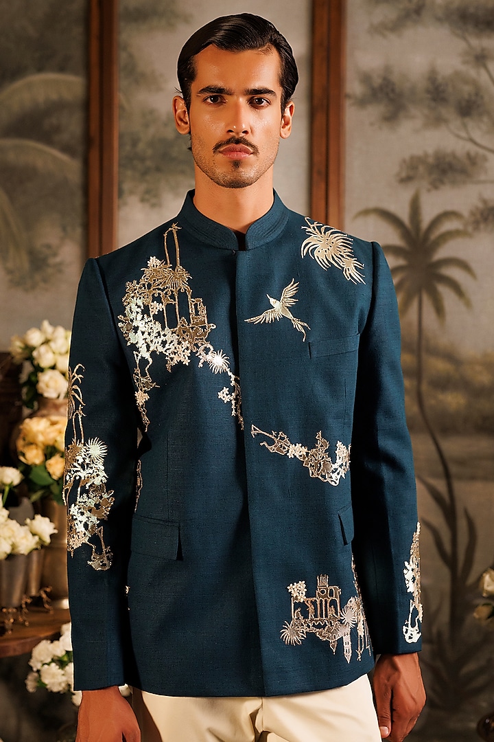 Teal Silk Foil Applique Embroidered Bandhgala by Sahil Kochhar Men