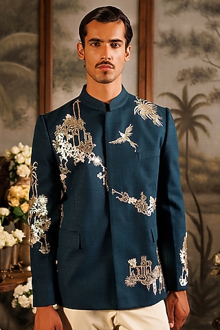 Teal Silk Foil Applique Embroidered Bandhgala by Sahil Kochhar Men