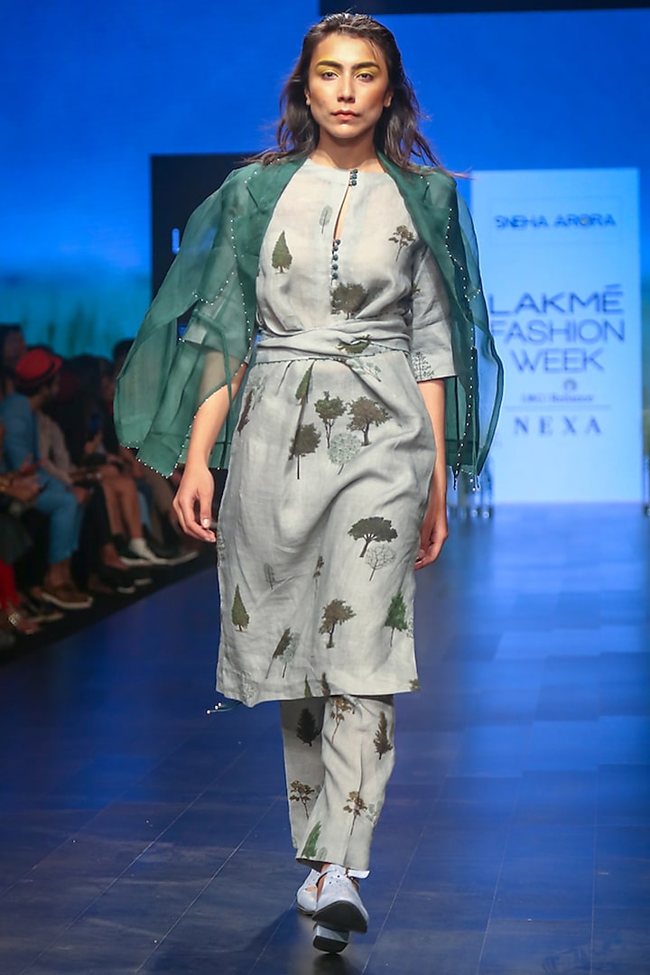 Olive Green Printed Tunic With Tie-Up by Sneha Arora