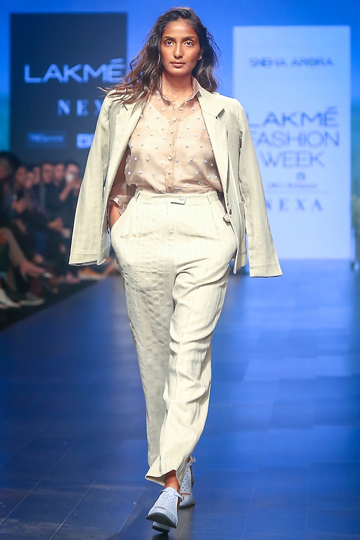 Beige Striped Blazer by Sneha Arora at Pernia's Pop Up Shop