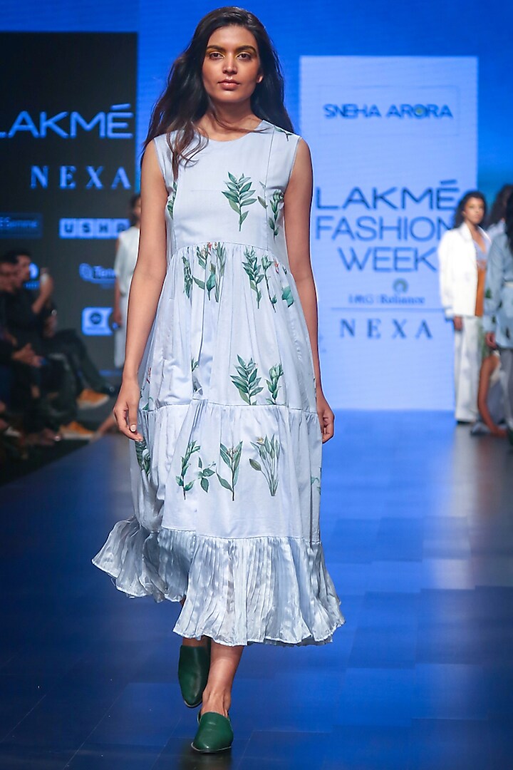 Blue Printed Tiered Dress by Sneha Arora