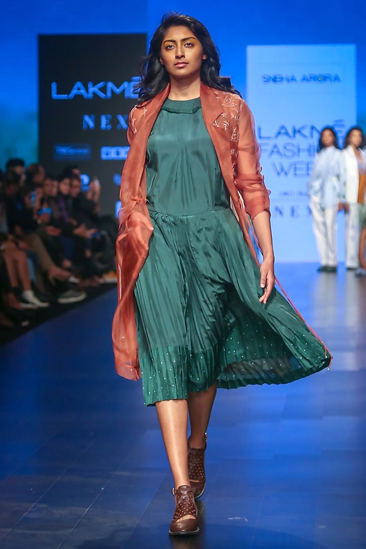 Dark Green Pleated Dress by Sneha Arora