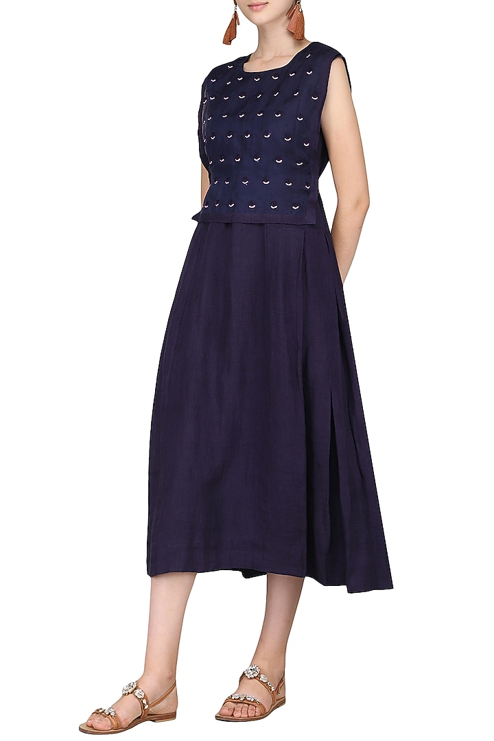 Indigo embroidered midi dress available only at Pernia's Pop Up Shop.