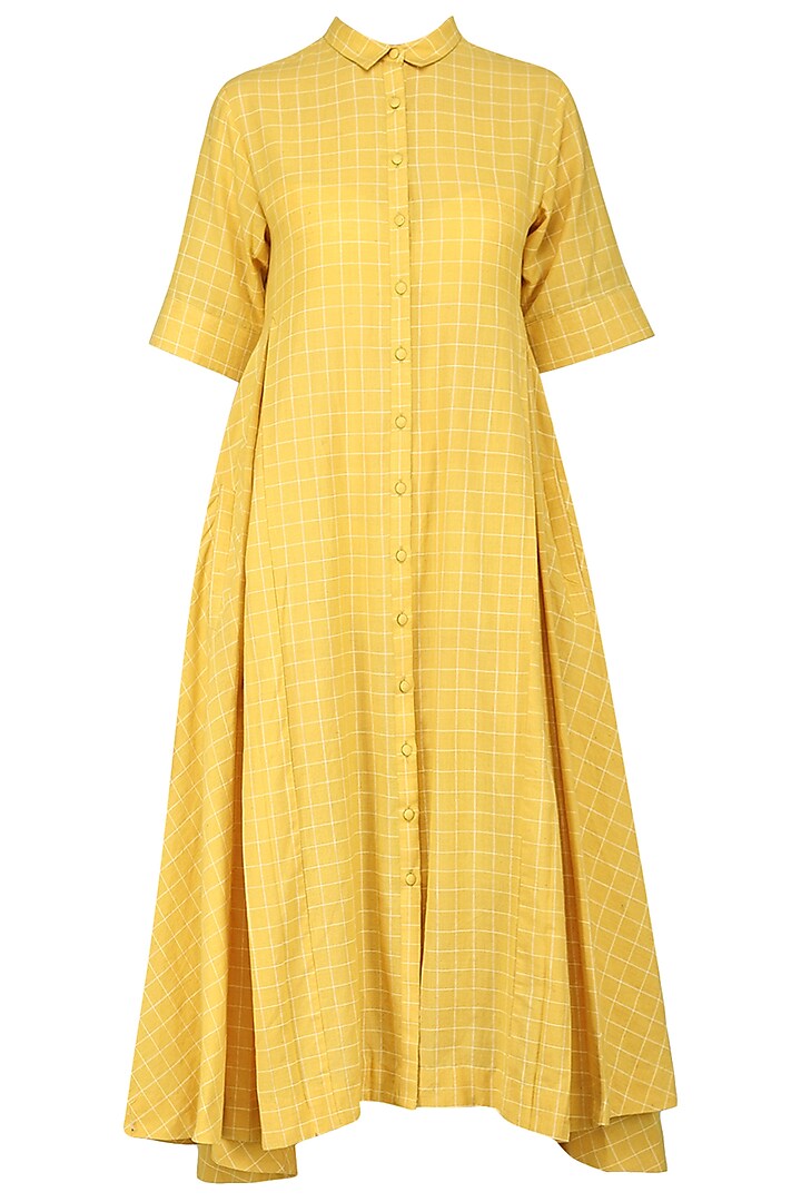 Yellow Checkered Print Flared Dress by Sneha Arora