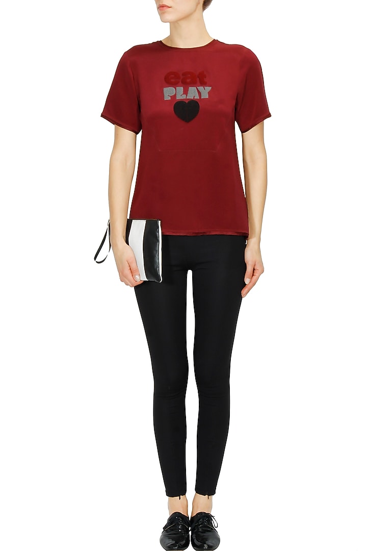 Maroon embroidered motif "Eat Play Love" top available only at Pernia's Pop Up Shop.