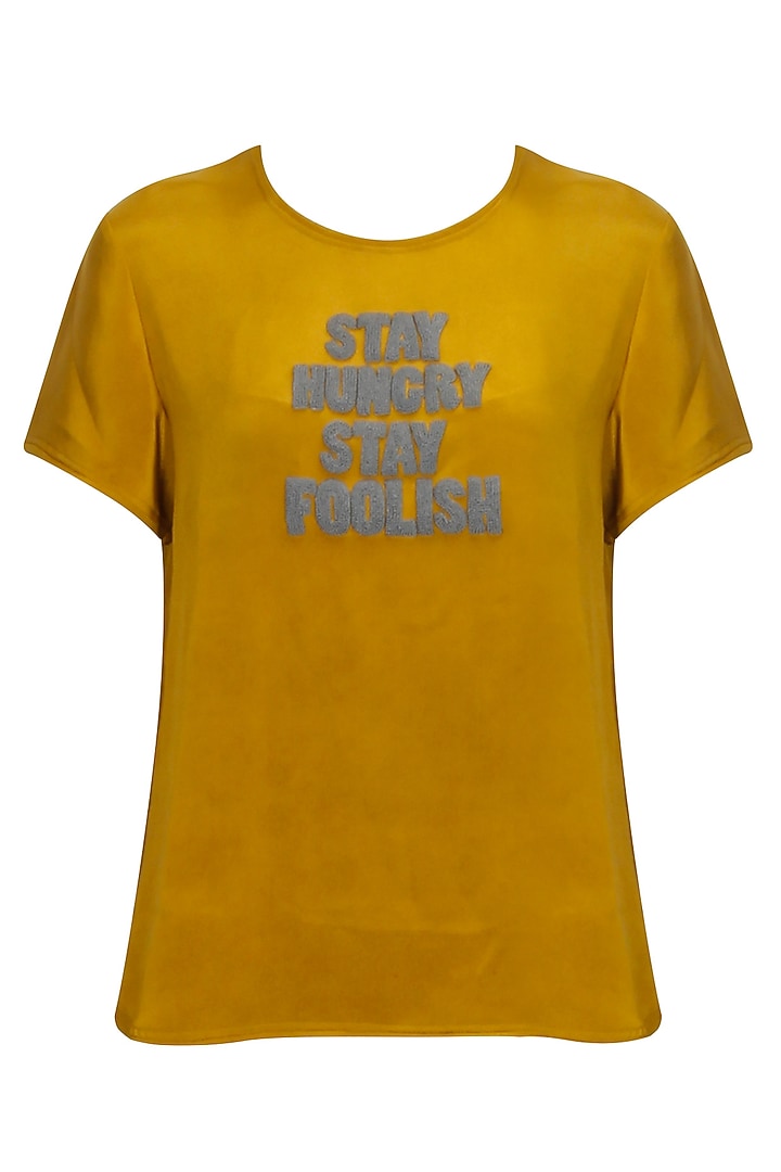 Ochre embroidered "Stay Hungry Stay Foolish" top available only at Pernia's Pop Up Shop.