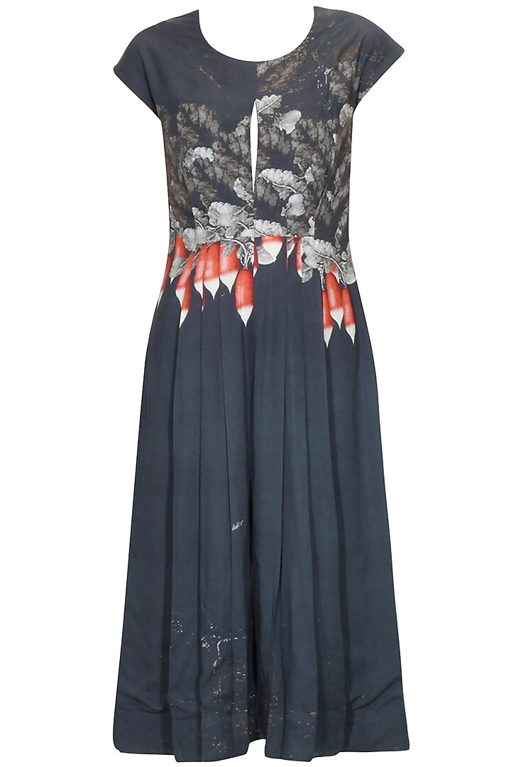 Charcoal grey raddish printed pleated dress by Sneha Arora