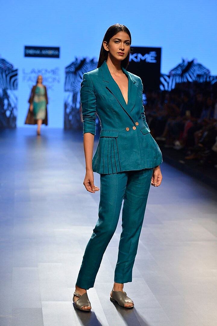 Teal linen suit set by Sneha Arora