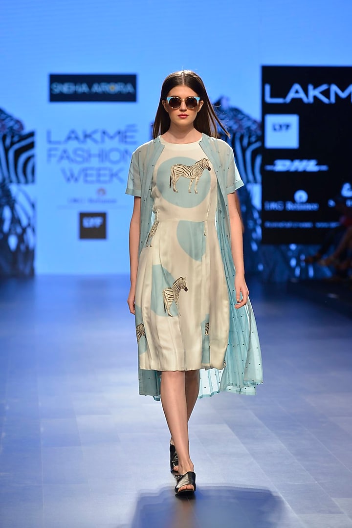 White and blue zebra print dress available only at Pernia's Pop Up Shop.