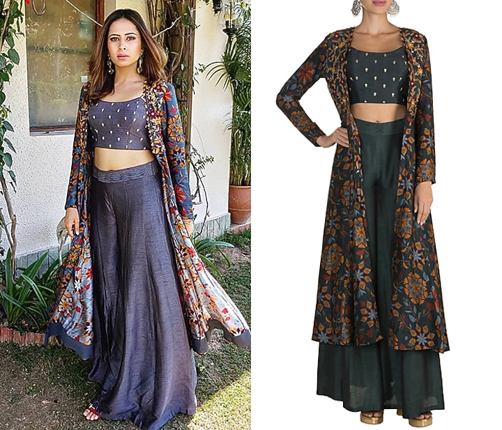 Bottle Green Printed Jacket With Embroidered Crop Top & Palazzo Pants by Drishti & Zahabia at Pernia's Pop Up Shop
