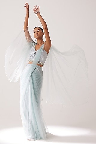 Dusty Blue Snake Crepe Lame & Net Hand Embellished Saree Set by SARTORIALE