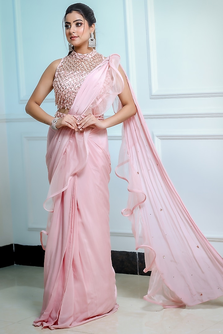 Persian Pink Viscose Crepe & Net Crystal Embroidered Draped Saree Set by Sangeeta Swati