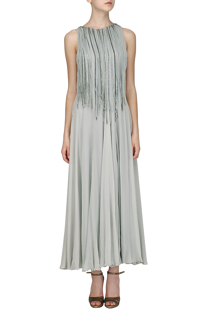 Silver grey embroidered tasseled gown available only at Pernia's Pop Up Shop.