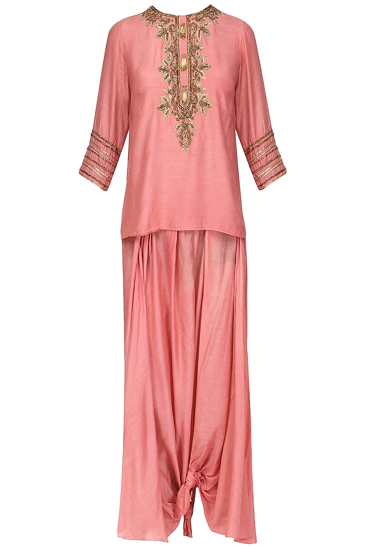 Old Rose Pink Embroidered Tunic with Dhoti Pants Set by Samatvam By Anjali Bhaskar