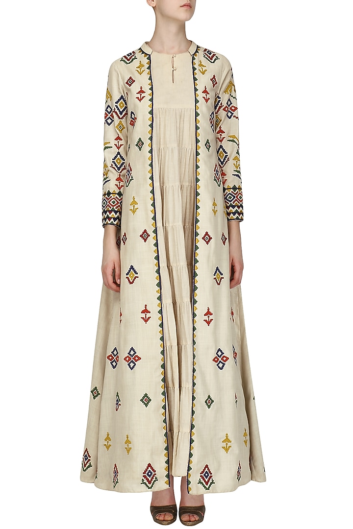 Beige embroidered jacket with layered Kurta available only at Pernia's Pop Up Shop.