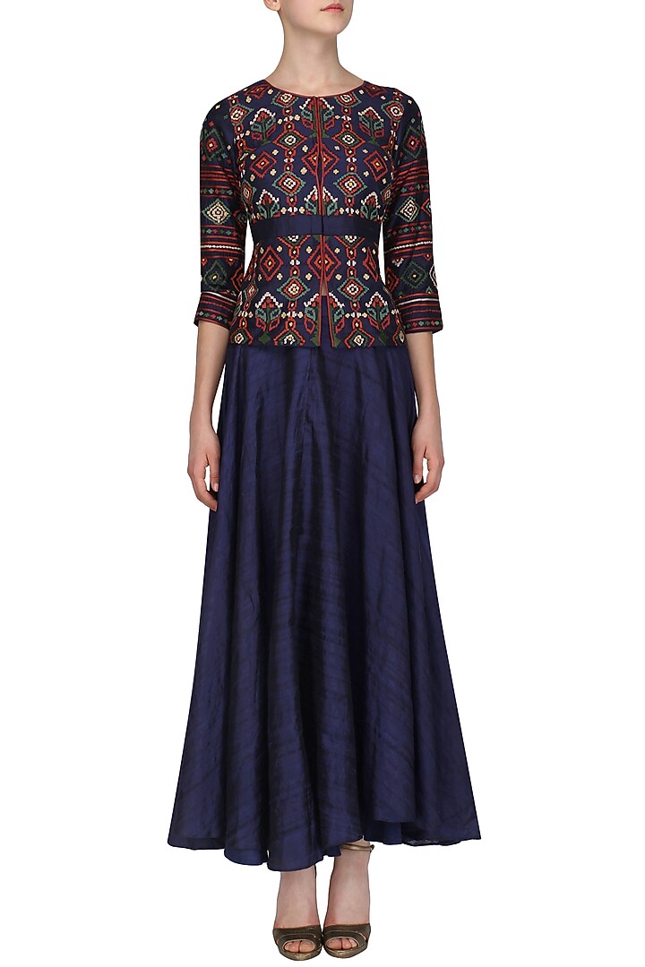 Midnight Blue embroidered jacket with skirt available only at Pernia's Pop Up Shop.