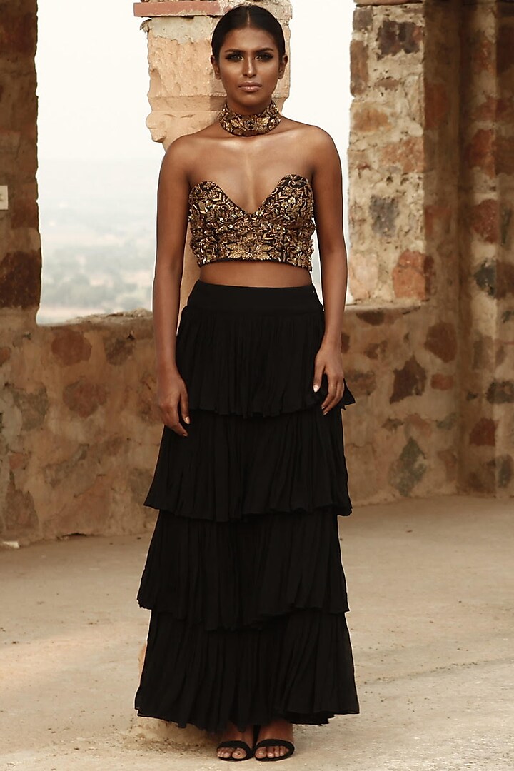 Black Embroidered Bustier with Choker and Layered Skirt by Samatvam By Anjali Bhaskar