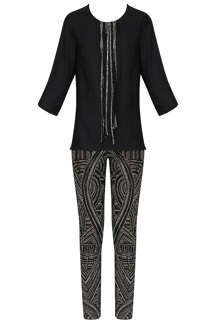 Black tasseled top with embroidered pants available only at Pernia's Pop Up Shop.
