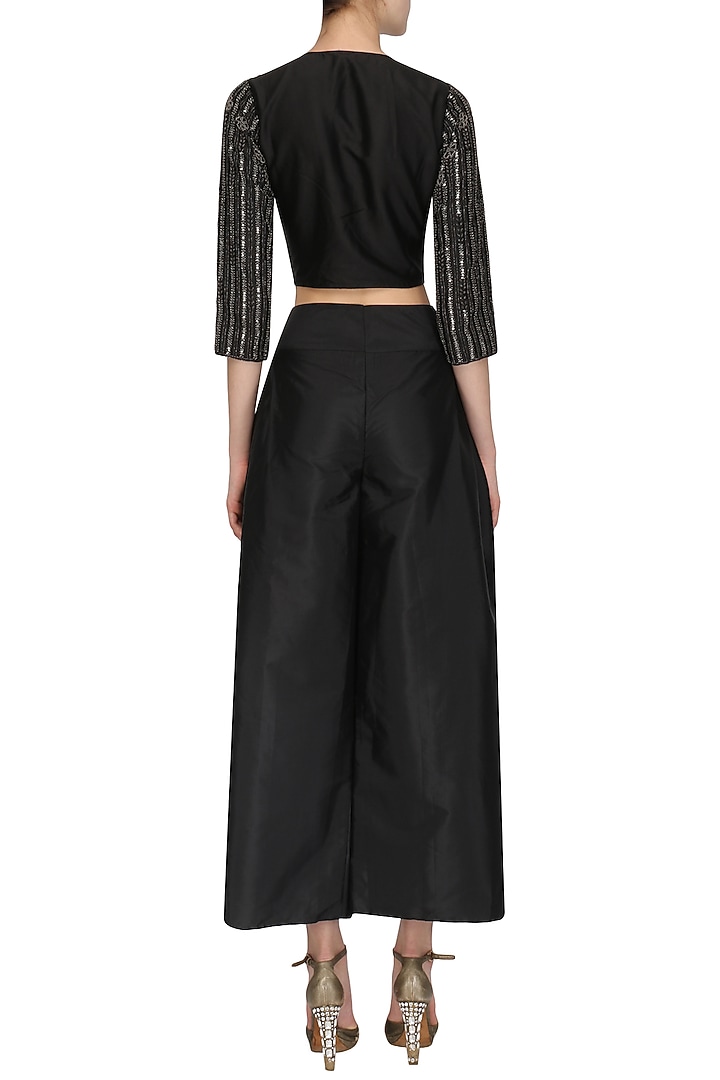 Black embroidered jacket with flared pants available only at Pernia's Pop Up Shop.