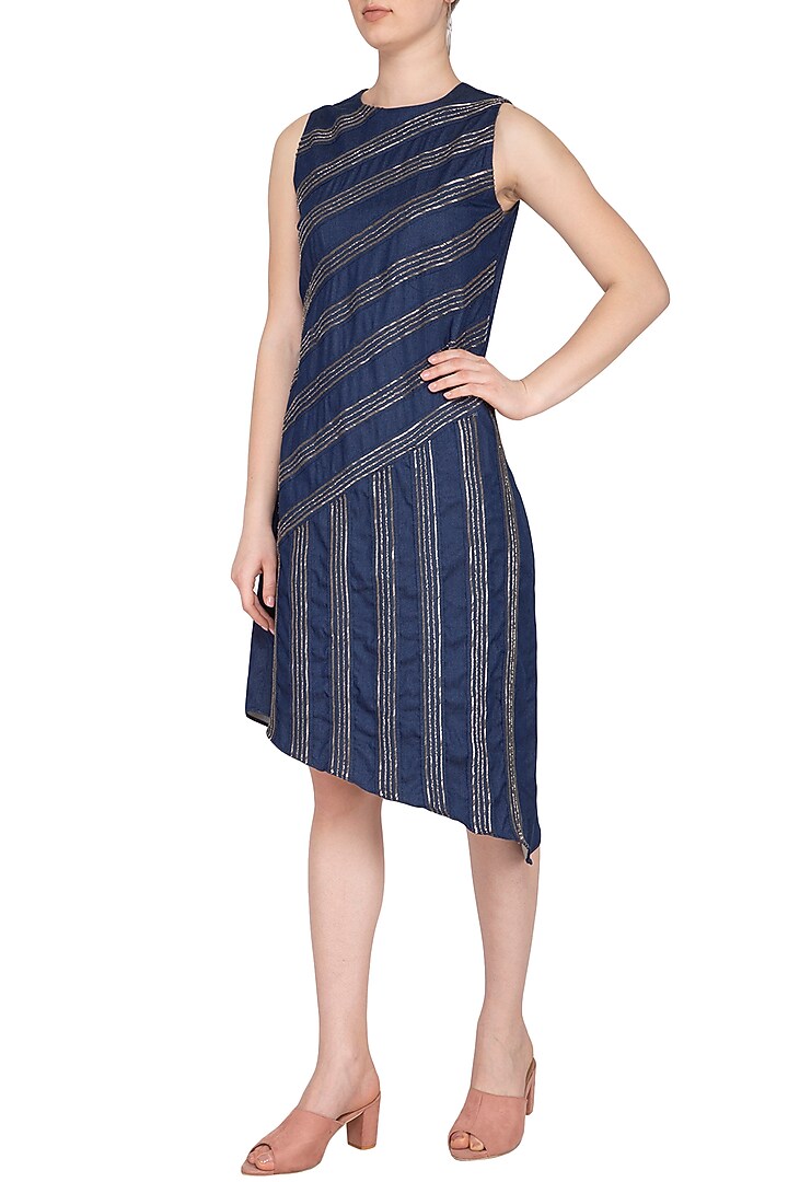 Blue Embellished Asymmetrical Denim Vacation Dress by Samatvam By Anjali Bhaskar at Pernia's Pop Up Shop