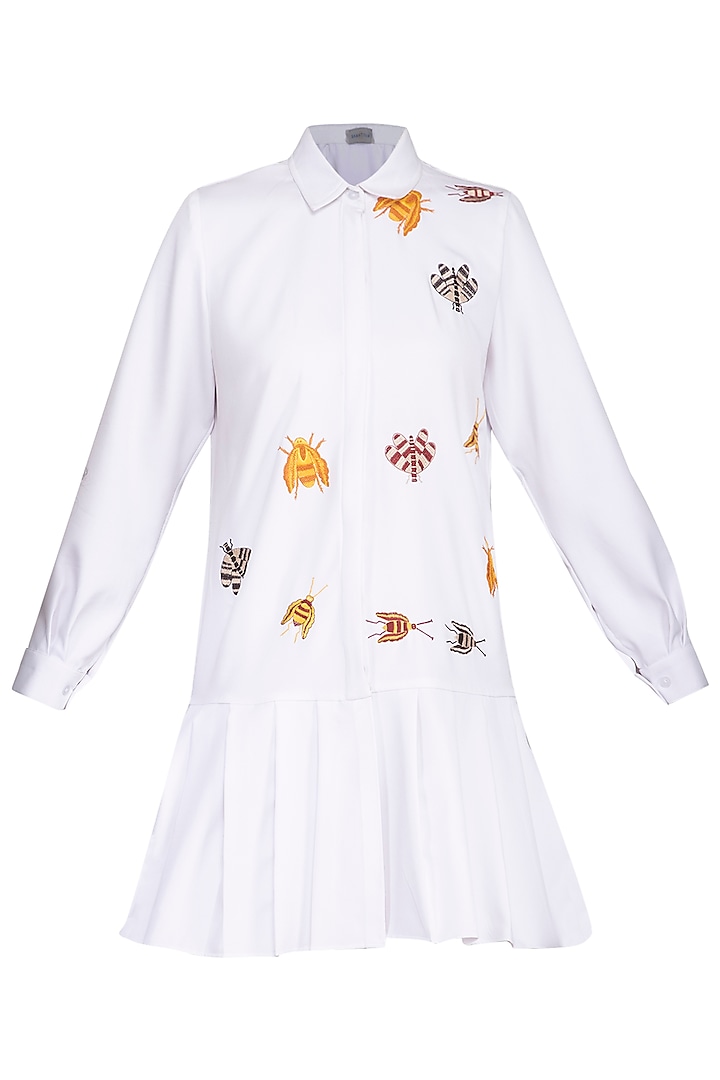 White Hand Embroidered Pleated Dress by Samatvam By Anjali Bhaskar