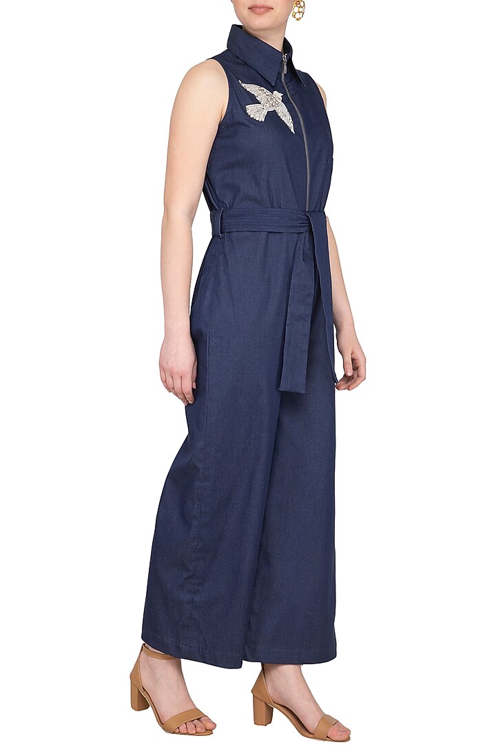Blue Embellished Denim Jumpsuit by Samatvam By Anjali Bhaskar at Pernia's Pop Up Shop