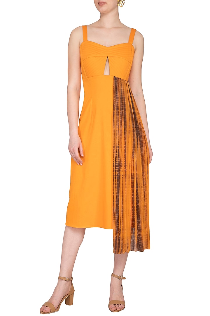 Turmeric Yellow Tie & Dye Printed Pleated Summer Dress by Samatvam By Anjali Bhaskar at Pernia's Pop Up Shop