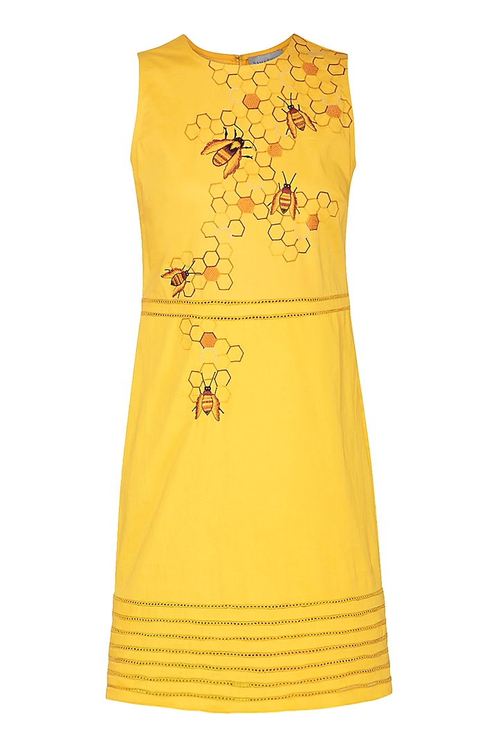 Yellow Hand Embroidered Shift Dress by Samatvam By Anjali Bhaskar