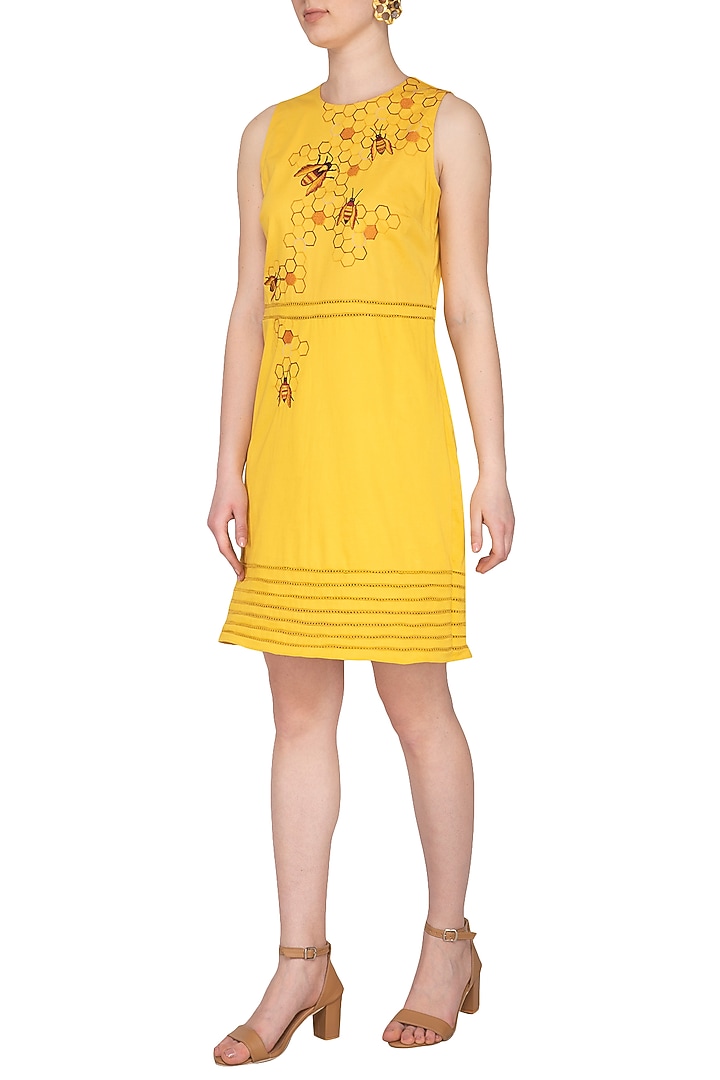 Yellow Hand Embroidered Shift Vacation Dress by Samatvam By Anjali Bhaskar at Pernia's Pop Up Shop