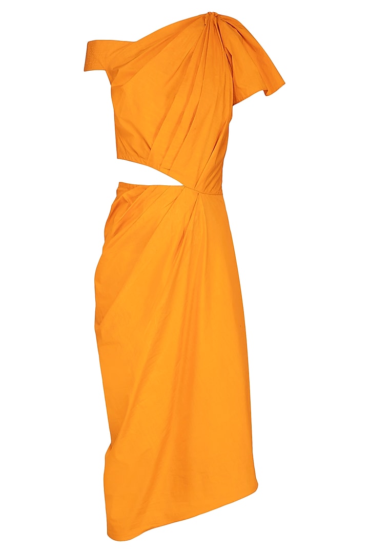 Turmeric Yellow Asymmetrical Draped Dress by Samatvam By Anjali Bhaskar