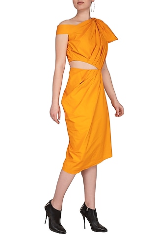 Turmeric Yellow Asymmetrical Draped Dress by Samatvam By Anjali Bhaskar