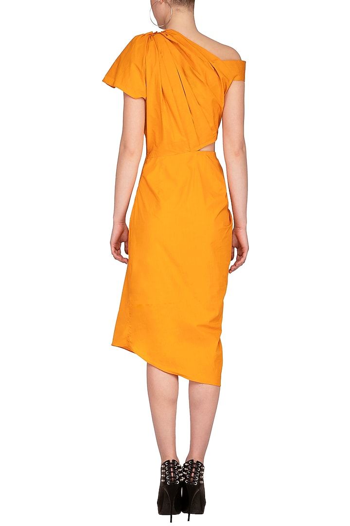 Turmeric Yellow Asymmetrical Draped Summer Dress by Samatvam By Anjali Bhaskar at Pernia's Pop Up Shop
