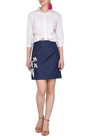 Blue Embellished Denim Skirt With Knotted Crop Top by Samatvam By Anjali Bhaskar