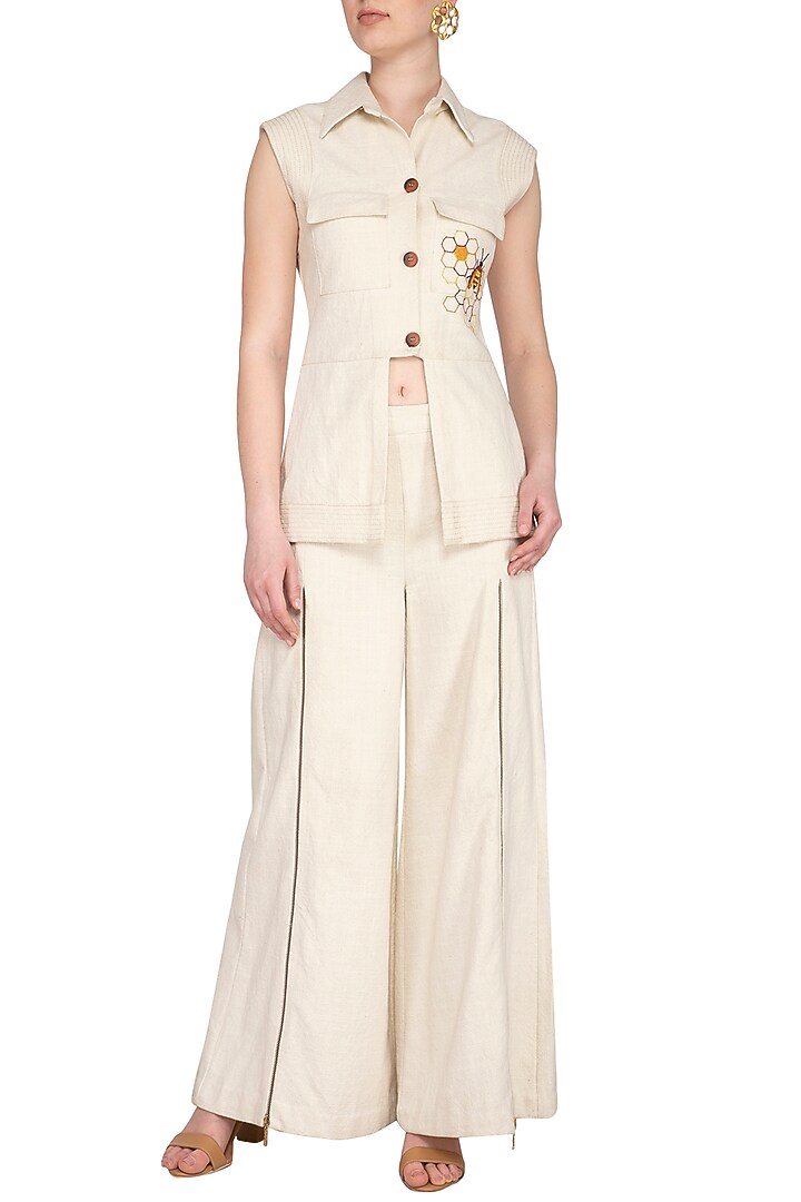 Light Pink Embroidered Jute Jacket With Pants by Samatvam By Anjali Bhaskar at Pernia's Pop Up Shop