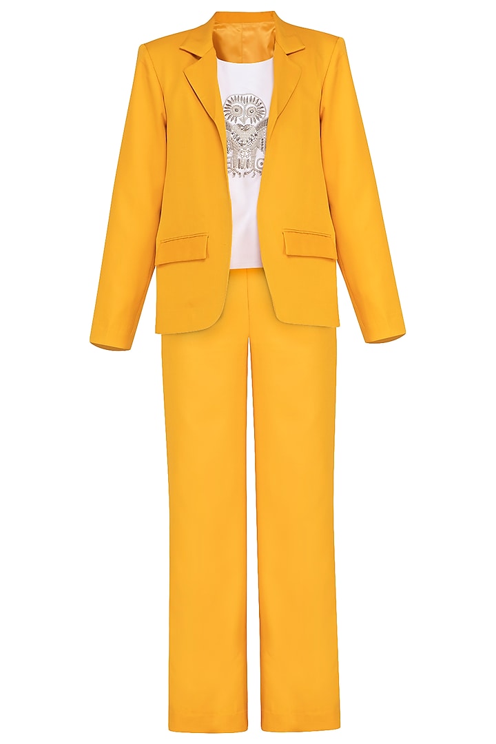 Yellow Blazer Set With Embellished Top by Samatvam By Anjali Bhaskar