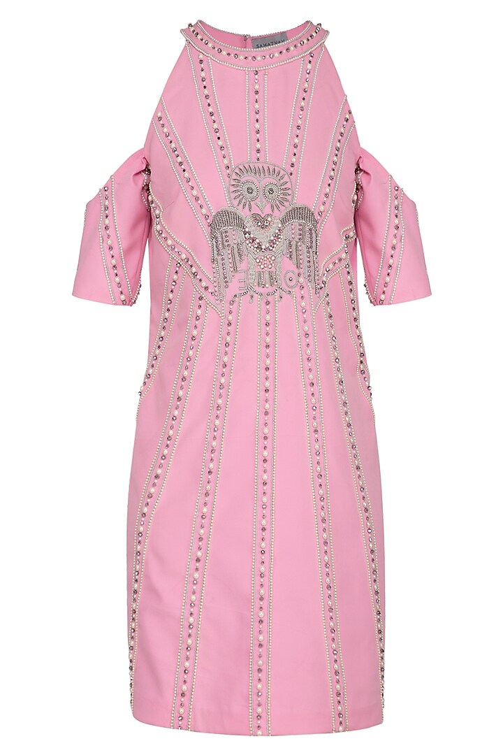 Pink Embroidered Cold Shoulder Vacation Dress by Samatvam By Anjali Bhaskar at Pernia's Pop Up Shop