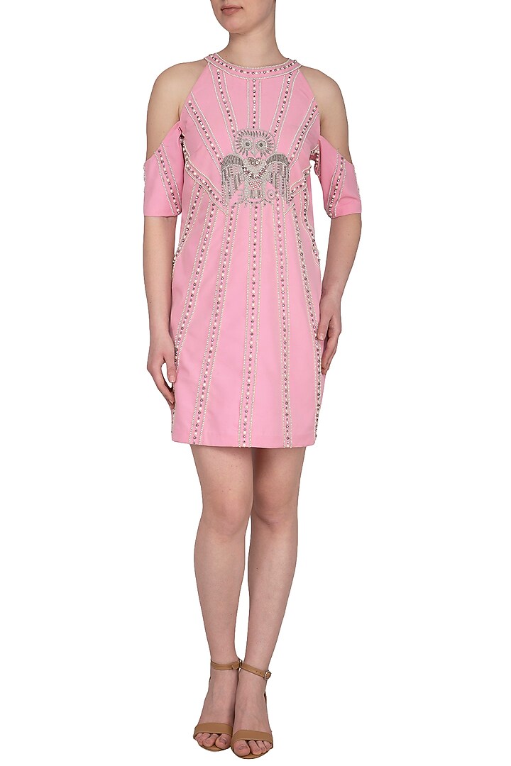 Pink Embroidered Cold Shoulder Vacation Dress by Samatvam By Anjali Bhaskar at Pernia's Pop Up Shop