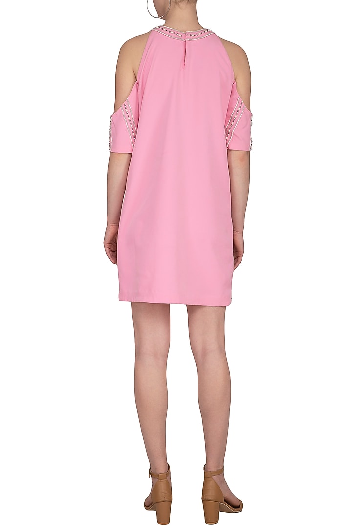Pink Embroidered Cold Shoulder Vacation Dress by Samatvam By Anjali Bhaskar at Pernia's Pop Up Shop